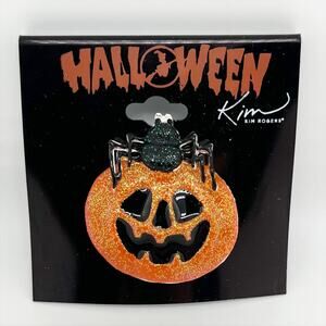 New Kim Rogers Halloween Glitter Jack-o-Lantern and Spider Brooch Pin